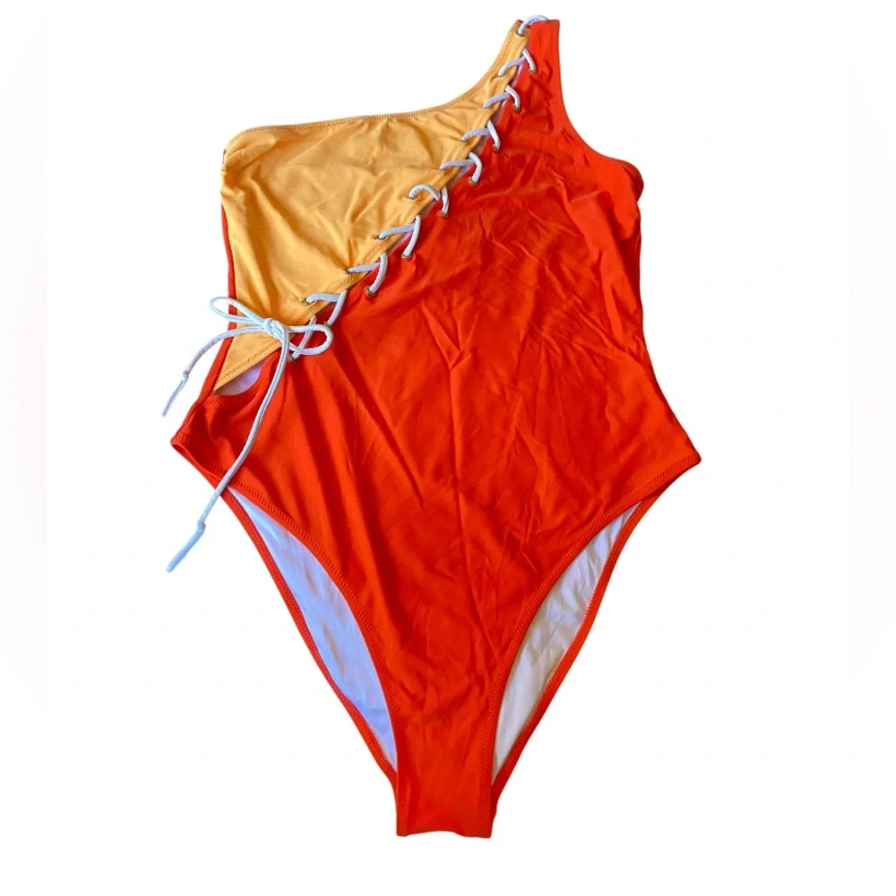 Colorblock One Shoulder Lace Up One Piece Monokini Swimsuit Size L